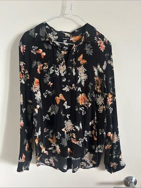 The Kooples Black Floral & Butterfly Lace-Up Shirt